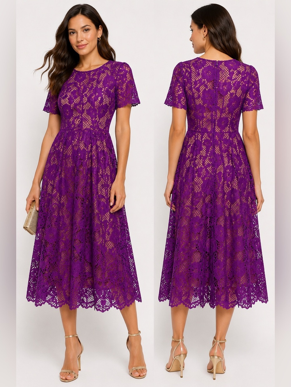 Dalia MacPhee Purple Floral Lace Midi Dress Size S